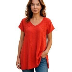 Knox Rose Womens Red V-Neck Short Sleeve Top W/ Lace Detail XXL Soft & Lightweig